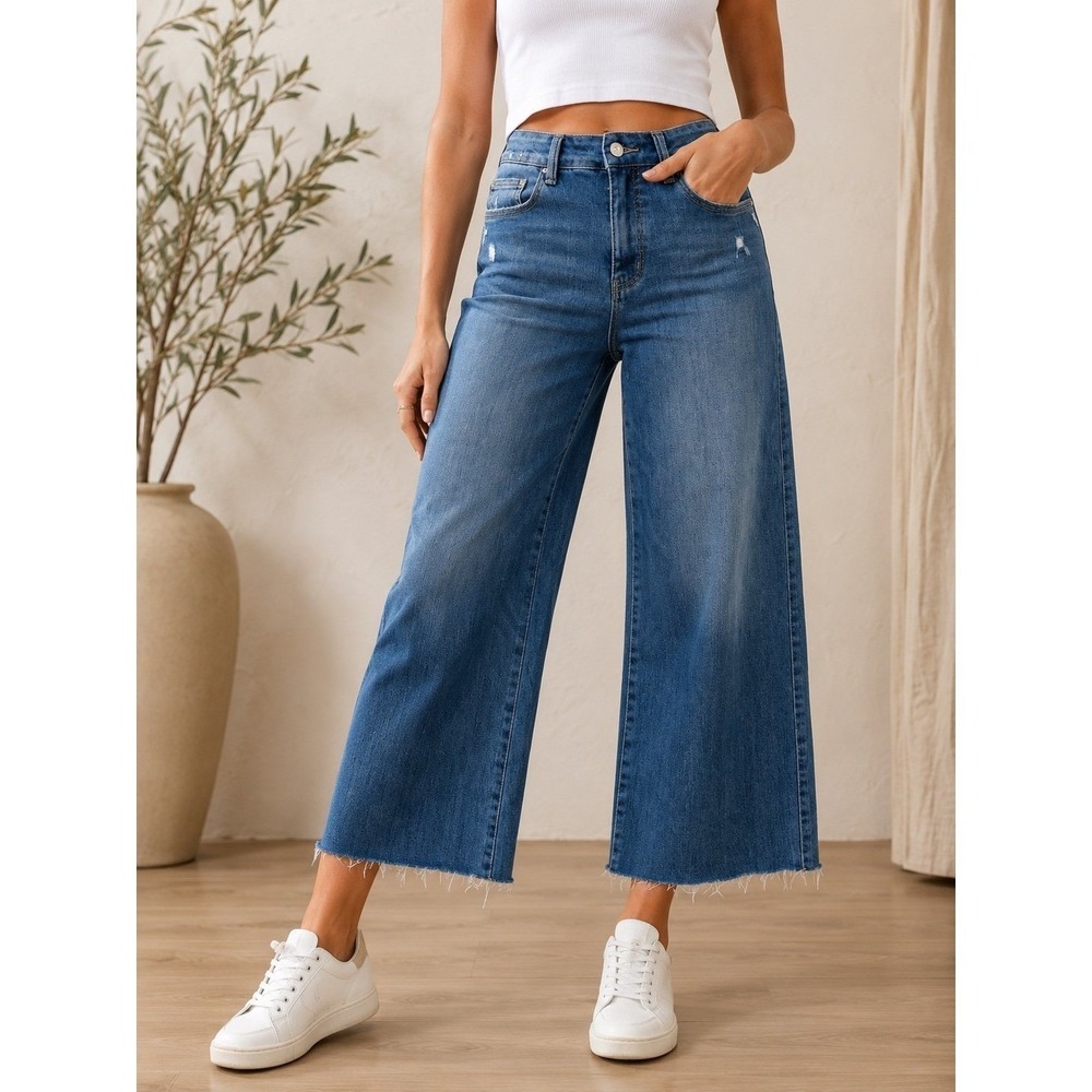 Onero Wide Leg Cropped Jeans Women's Size 28 High Rise Raw Hem Blue Stretch Deni